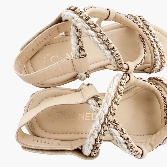 Chanel Chain & Cord Gladiator Sandals EU 39.5 US 8.5-9 Beige Leather Flat CC - Picture 4 of 14